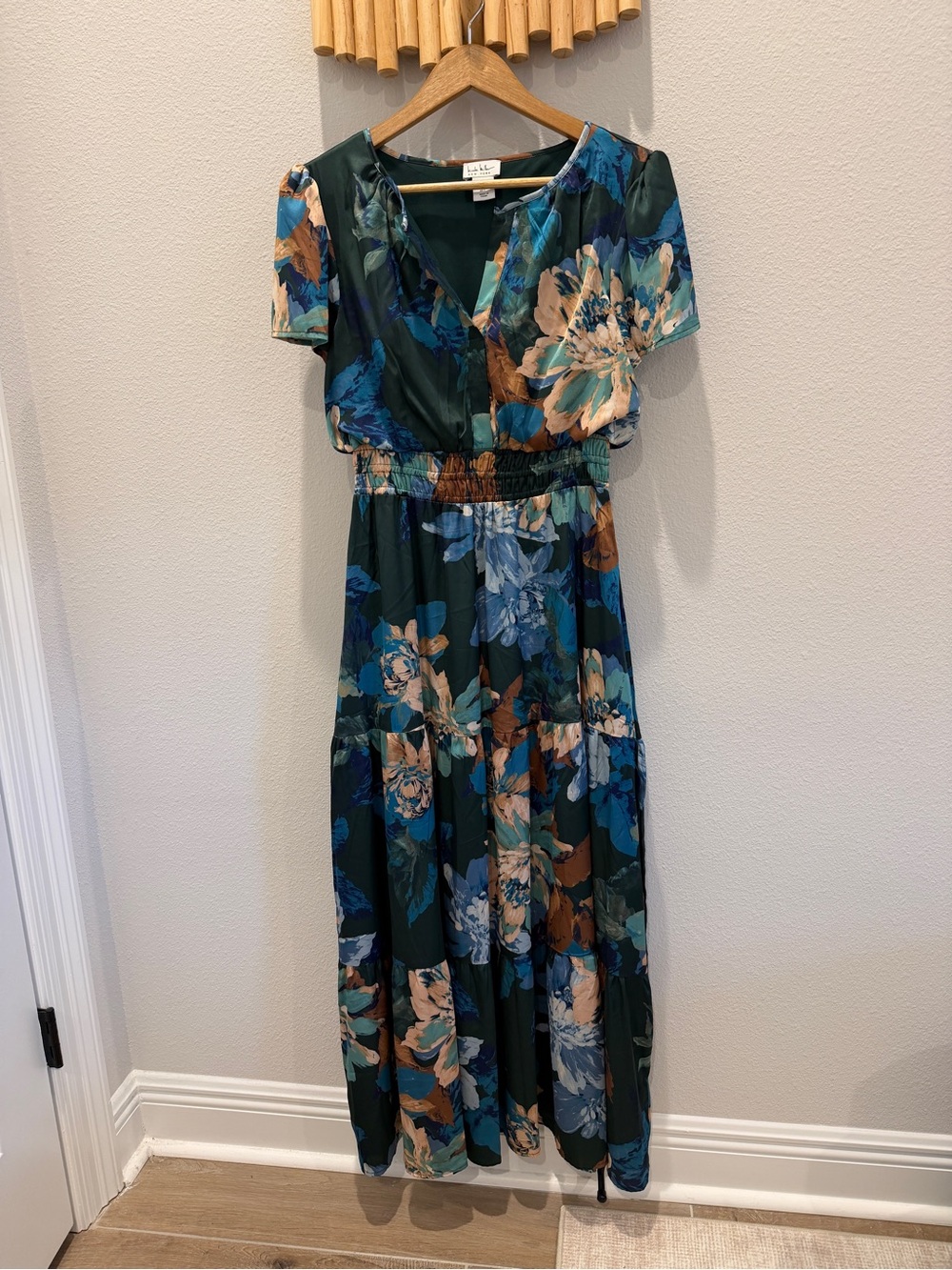 Nicole Miller Blue and Green Floral Satin Maxi Dress